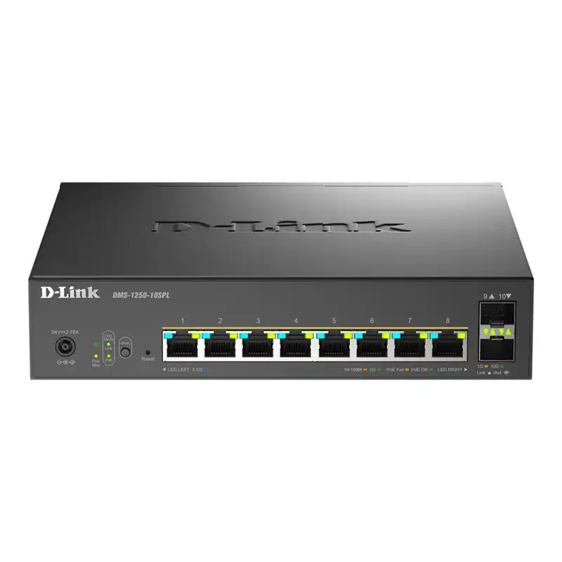 Smart+ L2+ 8 ports 2,5 GbE PoE (1-2 - 60W - 3-8 - 30W) & 2 ports 10 GbE SFP+ - Budget PoE 120 W (DMS-1250-10SPL/E)_1